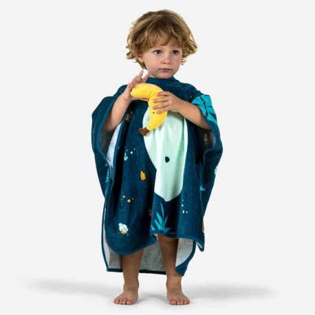 Poncho para baño de mono de algodón azul oscuro para bebés