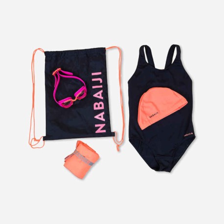 Kit Natación 100 Niña Iniciación: traje de baño, goggles, gorra, toalla, bolsa