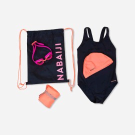 Kit Natación 100 Niña Iniciación: traje de baño, goggles, gorra, toalla, bolsa