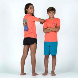 Playera de surf anti-UV de manga corta naranja con gráfico para niños 100